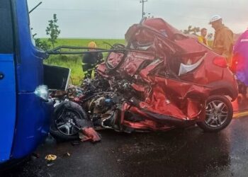 Três adultos e uma criança de 4 anos m*rrem em colisão frontal entre Clio e ônibus na MS-338