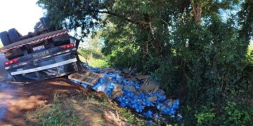 Vídeo: Carreta carregada de cerveja tomba e carga é saqueada em Dourados