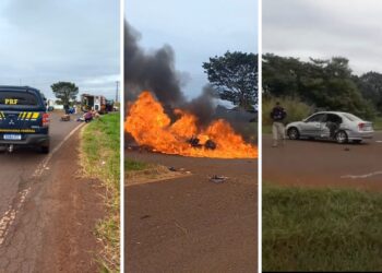 Após bater em carro BR-060 moto explode e casal é socorrido às pressas