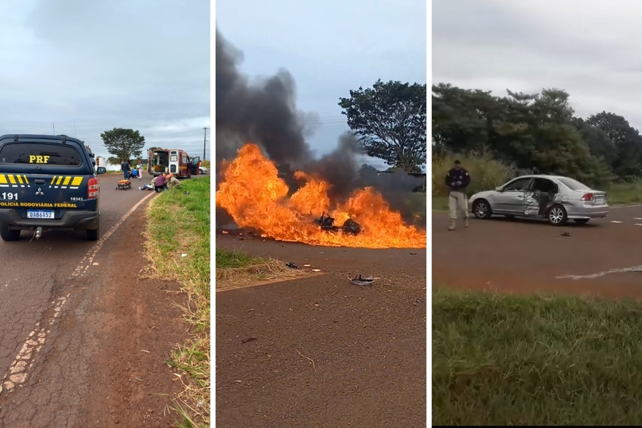 Após bater em carro BR-060 moto explode e casal é socorrido às pressas