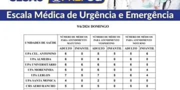 Confira a escala médica de plantão nas UPAs e CRSs neste domingo (09/05/2024)