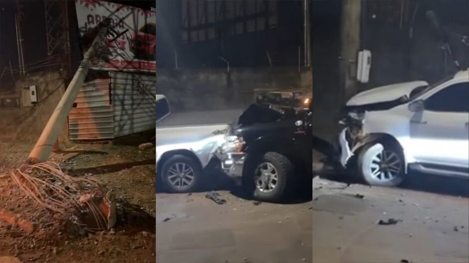 Colisão de duas camionetes em poste deixa parte do bairro Tiradentes sem energia