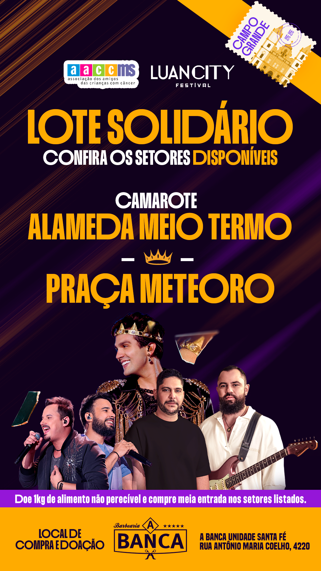 Alameda Meio Termo e Praça Meteoro terão ingressos solidários em colaboração com a AACC/MS para Luan City no Festival Dut’s