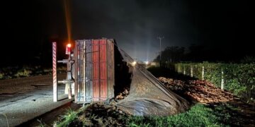 Caminhão de mandioca tomba na MS-134, motorista escapa sem ferimentos