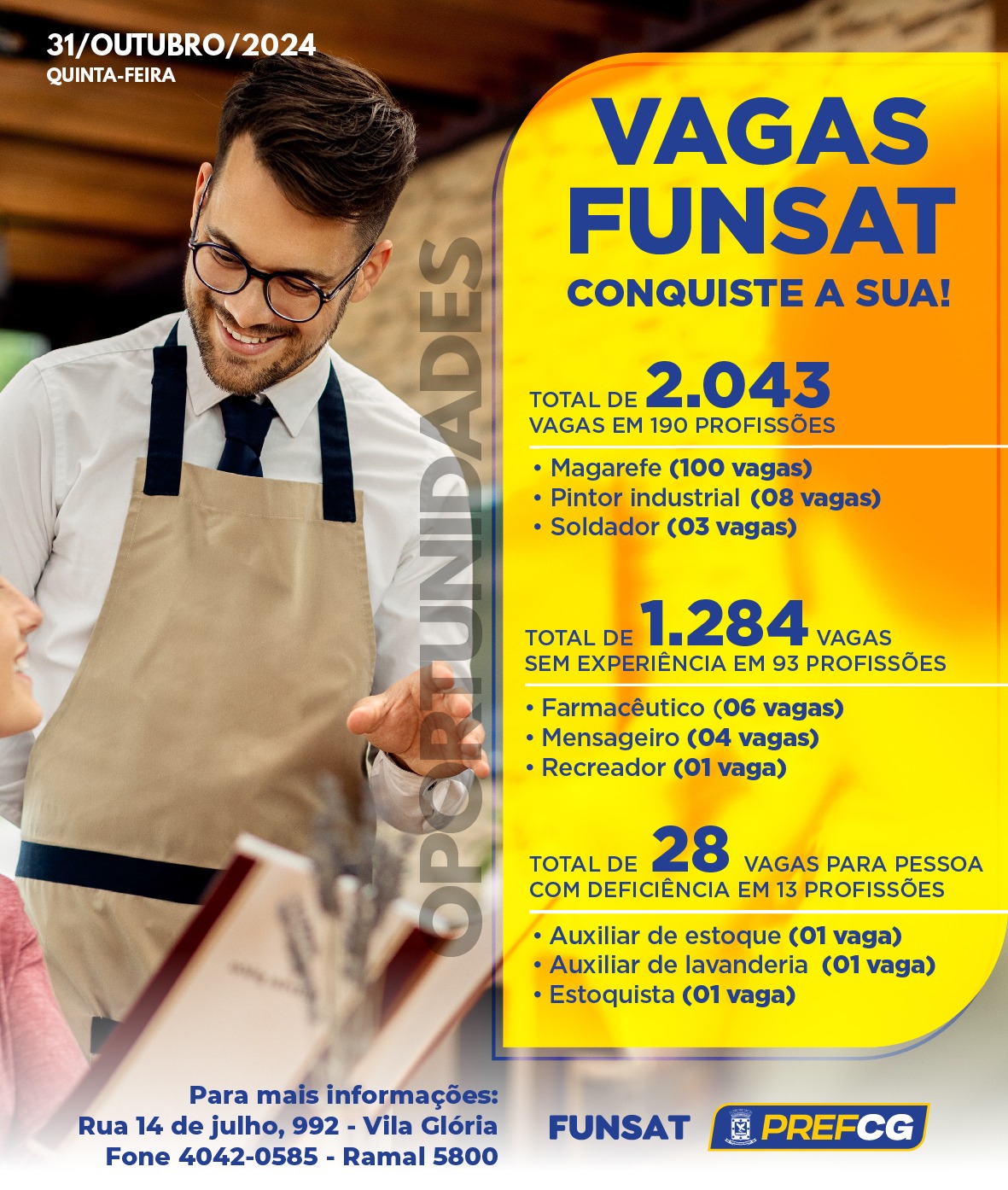 Funsat anuncia 2.043 vagas de emprego em 190 profissões diferentes