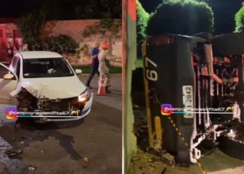 Colisão entre carro e caminhonete deixa motorista ferido e caminhonete tombada em Campo Grande