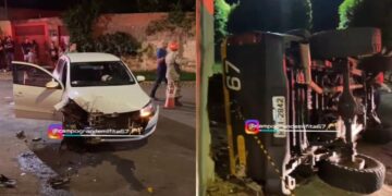 Colisão entre carro e caminhonete deixa motorista ferido e caminhonete tombada em Campo Grande