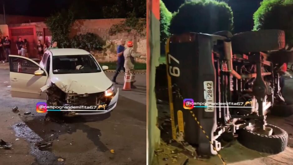 Colisão entre carro e caminhonete deixa motorista ferido e caminhonete tombada em Campo Grande