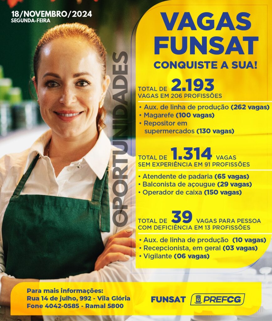 Funsat oferece 2.193 oportunidades de emprego nesta segunda-feira (18) Funsat oferece 2.193 oportunidades de emprego nesta segunda-feira (18)