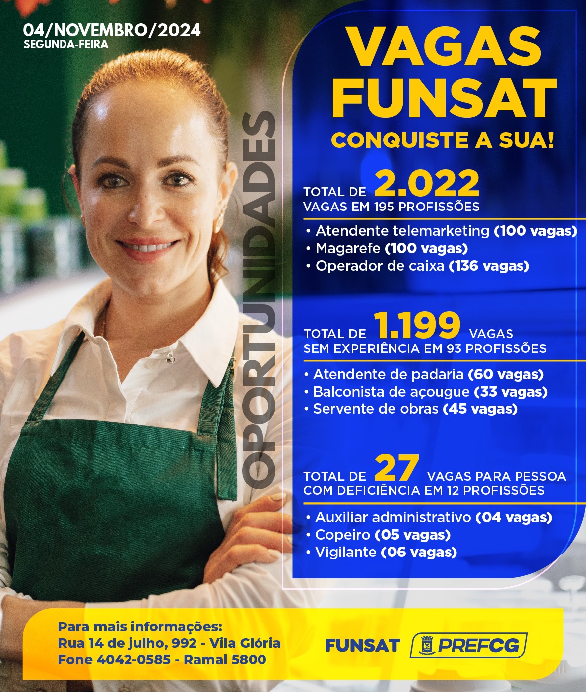Funsat tem 2.022 vagas de emprego em 250 profissões diferentes
