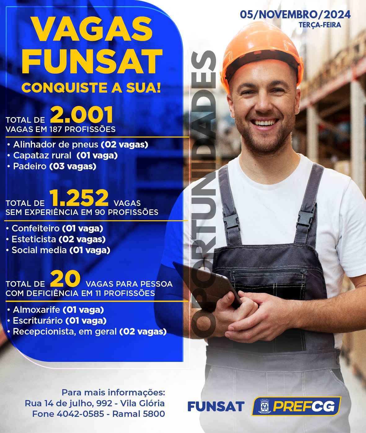 Funsat anuncia 2.001 vagas de emprego em 187 profissões diferentes nesta terça-feira (5)