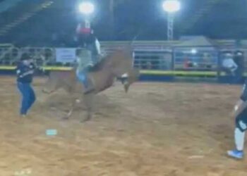 Locutor de rodeio é atropelado por touro e segue narração em Paranaíba