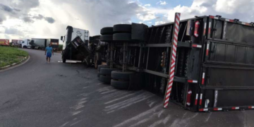 Caminhão com carregamento de madeira tomba e interdita trecho de rodovia em Anaurilândia