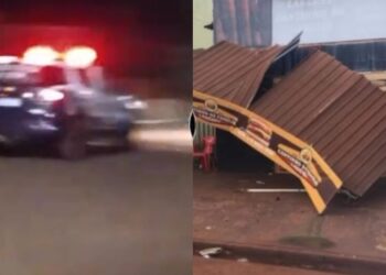 Perseguição policial em Sidrolândia termina com carro destruindo fachada de Tabacaria