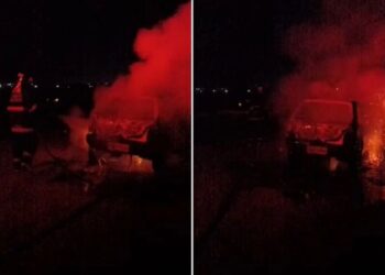 Fiat Uno é destruído por incêndio na MS-141 em Ivinhema; motorista escapou ileso