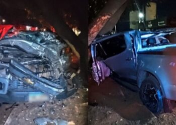 Caminhonete bate em árvore e polícia encontra arma sem registro no veículo