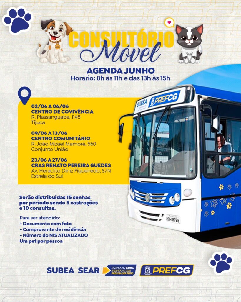 Atendimento gratuito para pets: Subea divulga agenda de junho do consultório veterinário móvel em Campo Grande Atendimento gratuito para pets: Subea divulga agenda de junho do consultório veterinário móvel em Campo Grande