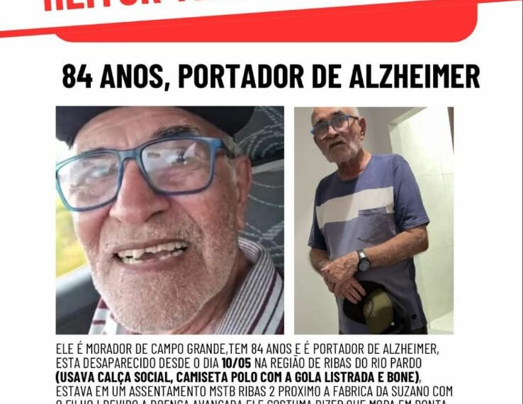 Família procura idoso com Alzheimer desaparecido há cinco dias em Mato Grosso do Sul