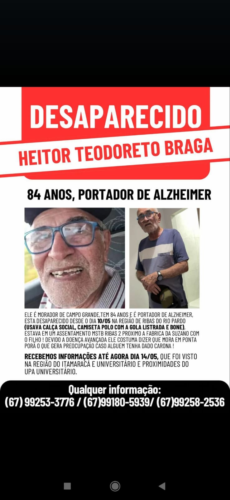 Família procura idoso com Alzheimer desaparecido há cinco dias em Mato Grosso do Sul