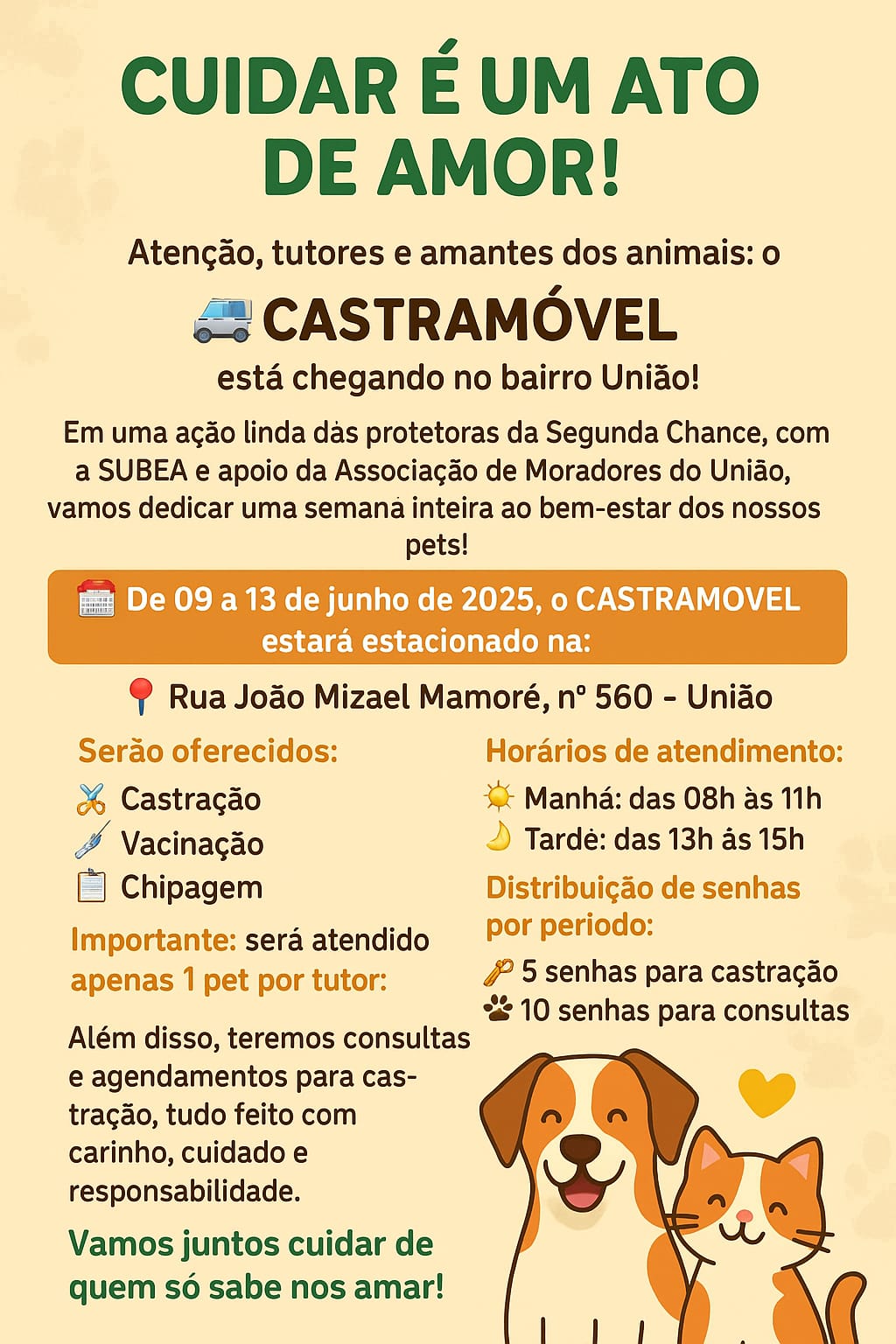 Mutirão leva castração e cuidados gratuitos a pets nos bairros União e Oliveira, em Campo Grande