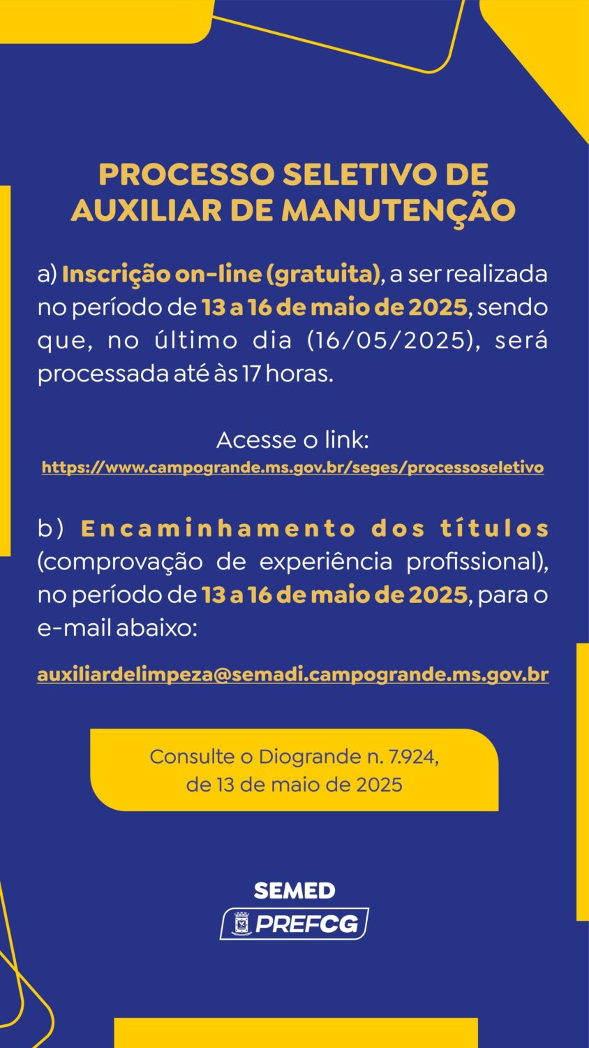 Prefeitura abre processo seletivo para auxiliar de manutenção