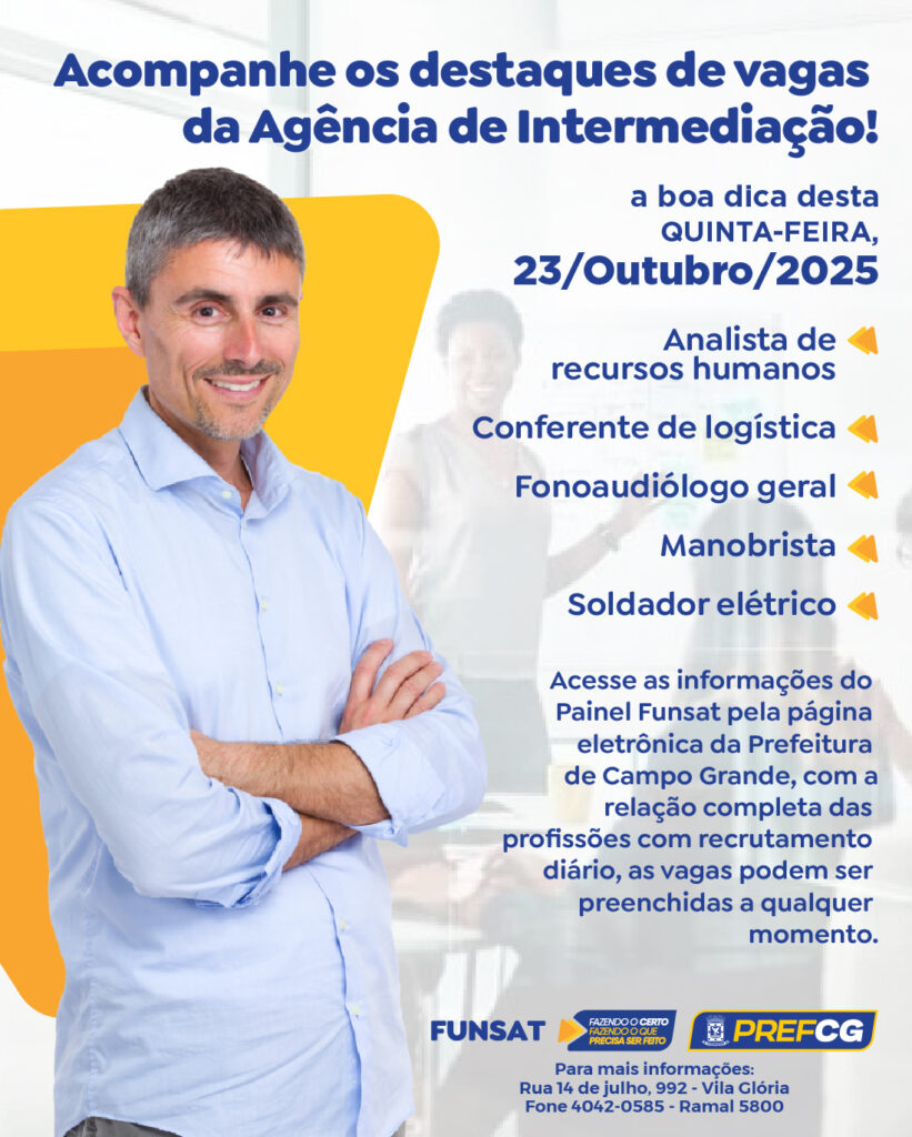 Funsat divulga 1.353 vagas de emprego nesta quinta-feira em Campo Grande Funsat divulga 1.353 vagas de emprego nesta quinta-feira em Campo Grande