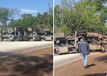 Carreta tomba na BR-262 entre Aquidauana e Campo Grande