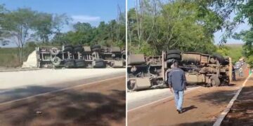 Carreta tomba na BR-262 entre Aquidauana e Campo Grande