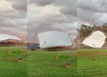 Vendaval provoca destruição em estrutura de evento de aniversário em Naviraí