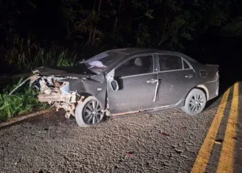 Corolla fica destruído após colisão com ônibus na BR-060 Corolla fica destruído após colisão com ônibus na BR-060