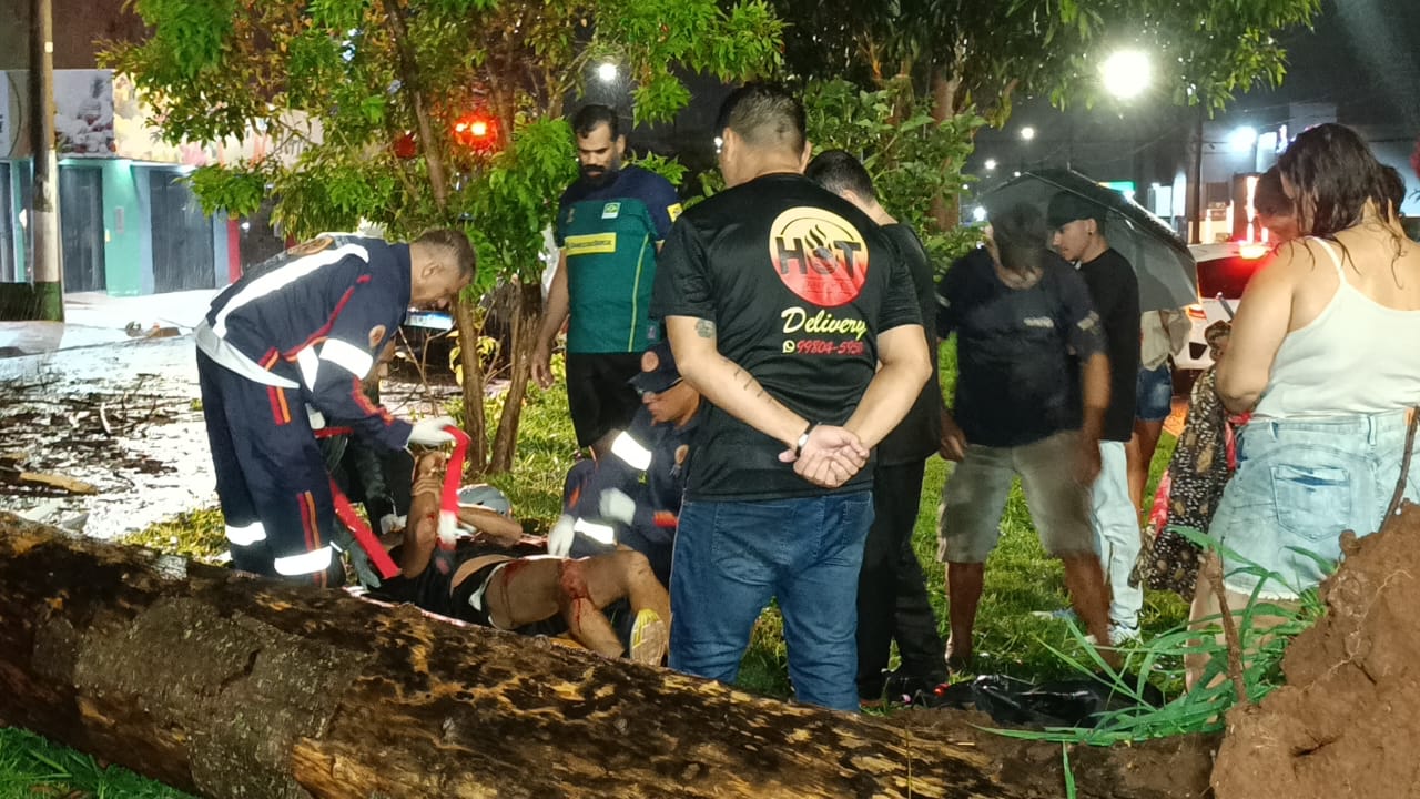 Temporal derruba árvore e deixa motociclista ferido