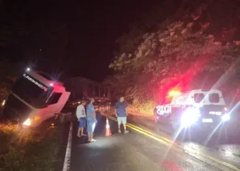 Carreta sai da pista e interdita BR-060 na Serra Sucuriú