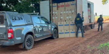 Caminhão furtado é recuperado com carga milionária de cigarros contrabandeados