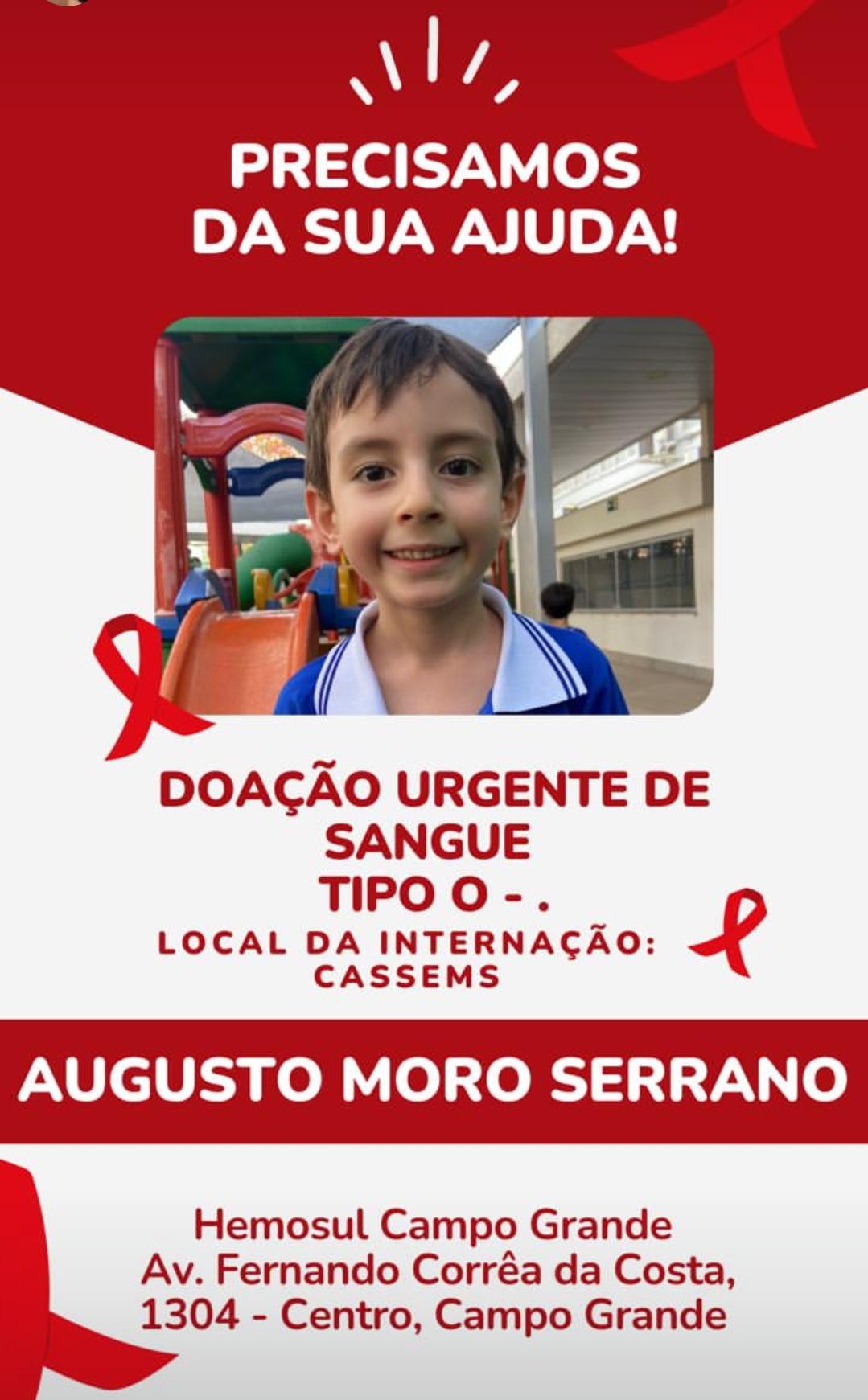 Augusto precisa de doações de sangue e família conclama doadores para irem até a Cassems