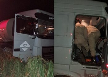 Caminhão-tanque sai da pista na MS-276 e motorista fica ferido