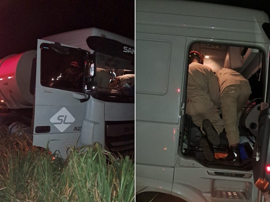 Caminhão-tanque sai da pista na MS-276 e motorista fica ferido