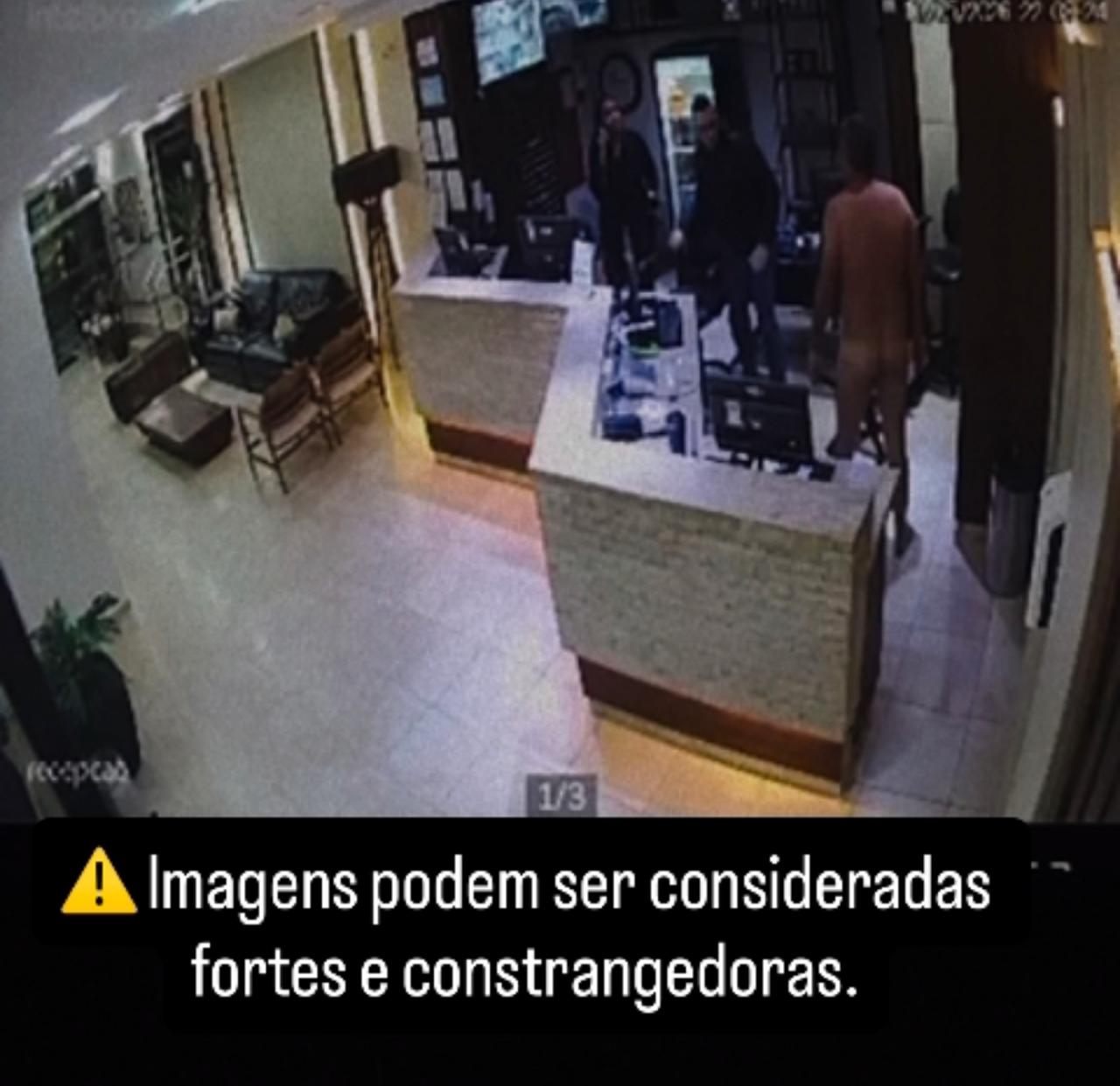 Peladão no saguão: vídeo mostra engenheiro agrônomo nu agredindo funcionários de hotel em Campo Grande