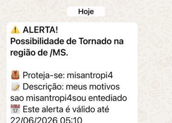 Alerta extremo com menção a tornado e palavra ‘misantropia’ assusta usuários em Mato Grosso do Sul Alerta extremo com menção a tornado e palavra ‘misantropia’ assusta usuários em Mato Grosso do Sul