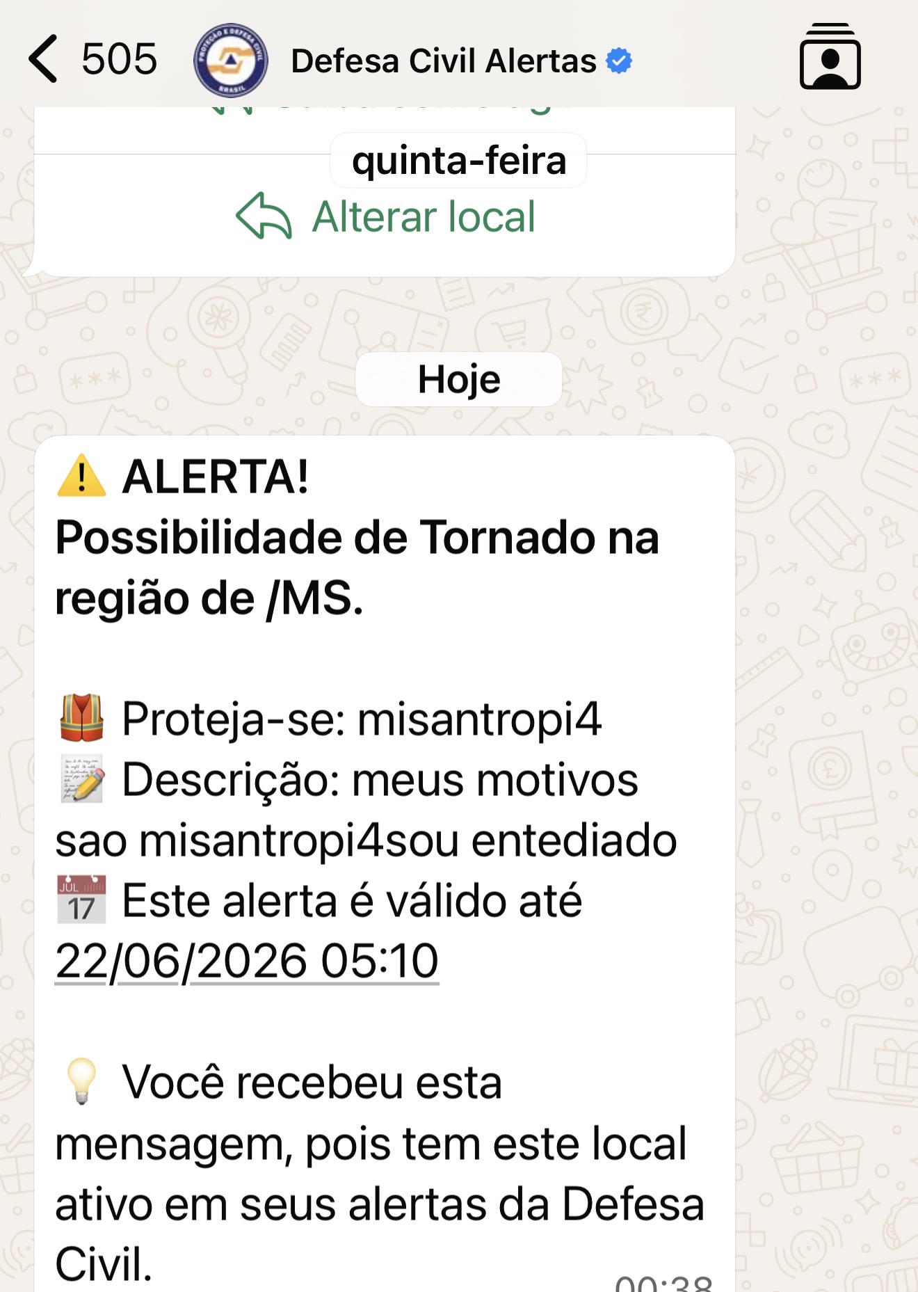 Alerta extremo com menção a tornado e palavra ‘misantropia’ assusta usuários em Mato Grosso do Sul