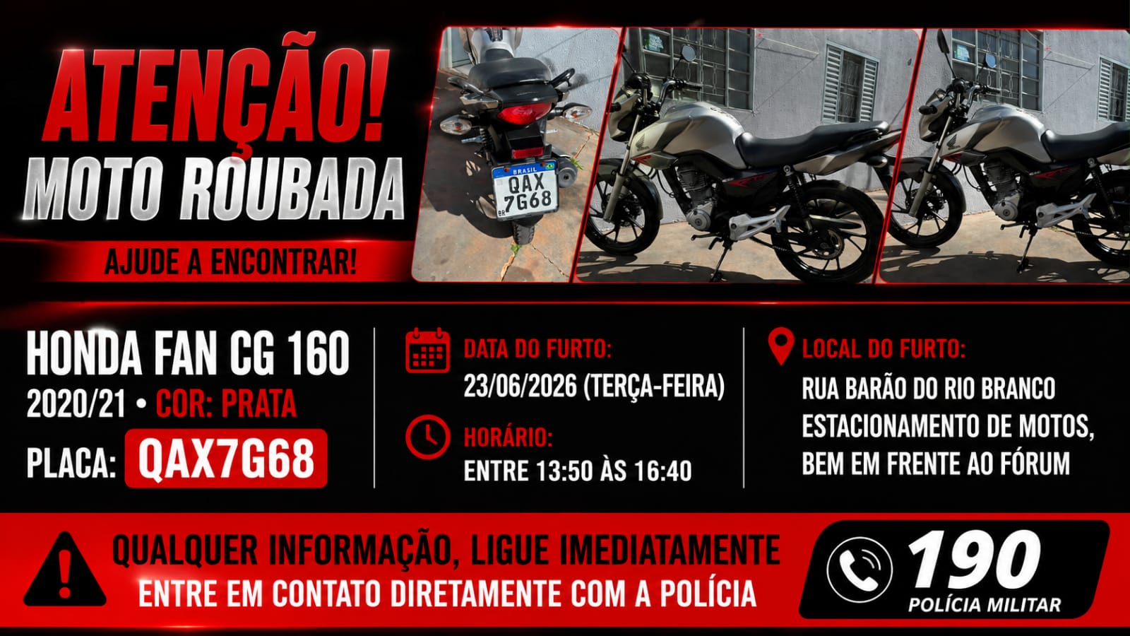 Moto é furtada em estacionamento no centro da capital