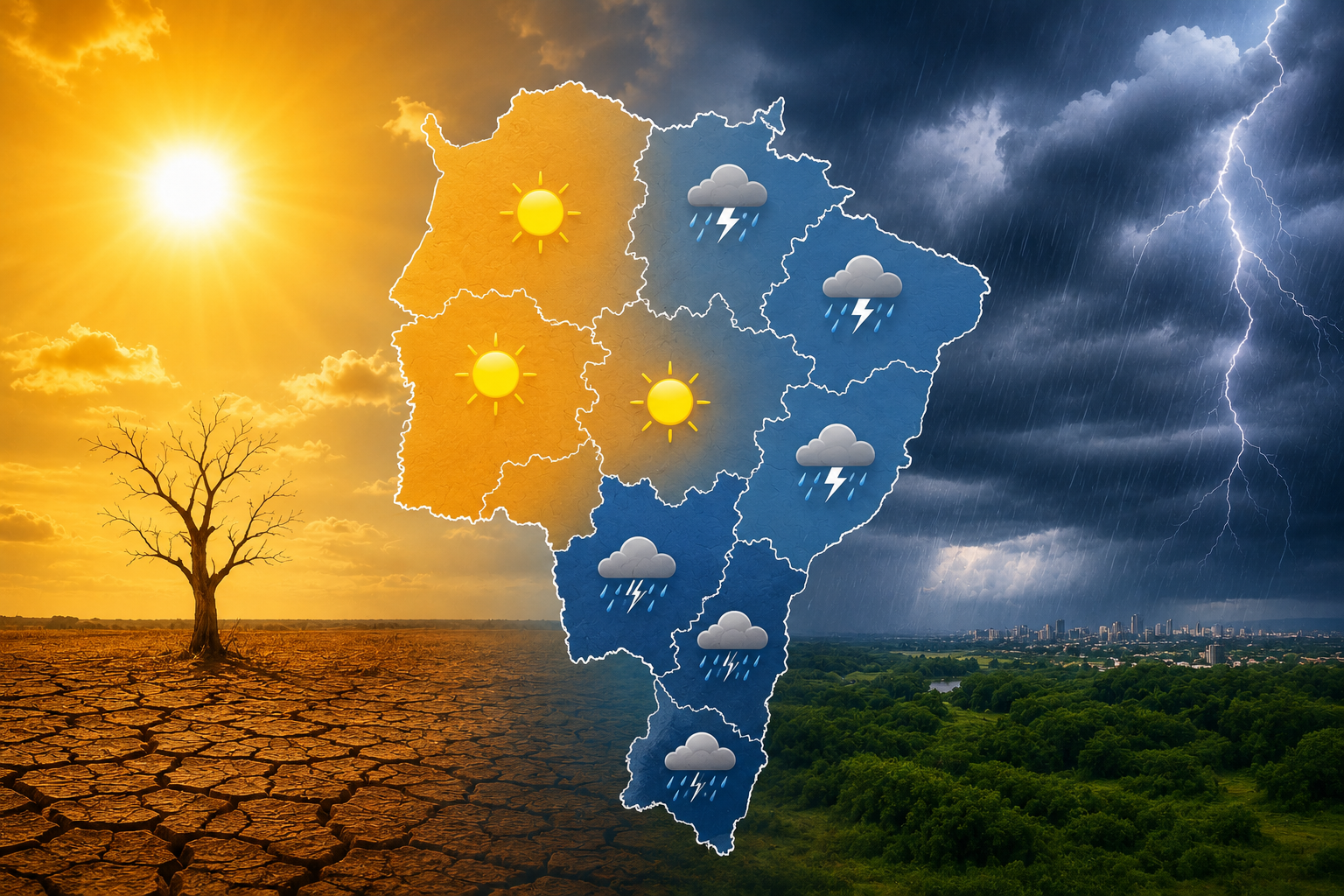 Previsão indica calor de até 39°C, umidade crítica e virada no tempo com ventos fortes e chuva em áreas do estado