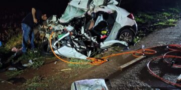 Após atropelar anta, carro perde controle, bate em carreta em chamas e adolescente e homem morrem