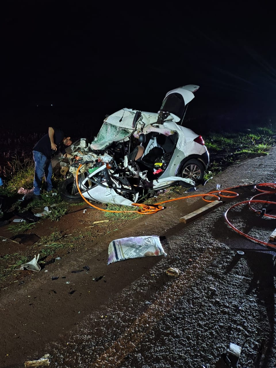 Após atropelar anta, carro perde controle, bate em carreta em chamas e adolescente e homem morrem