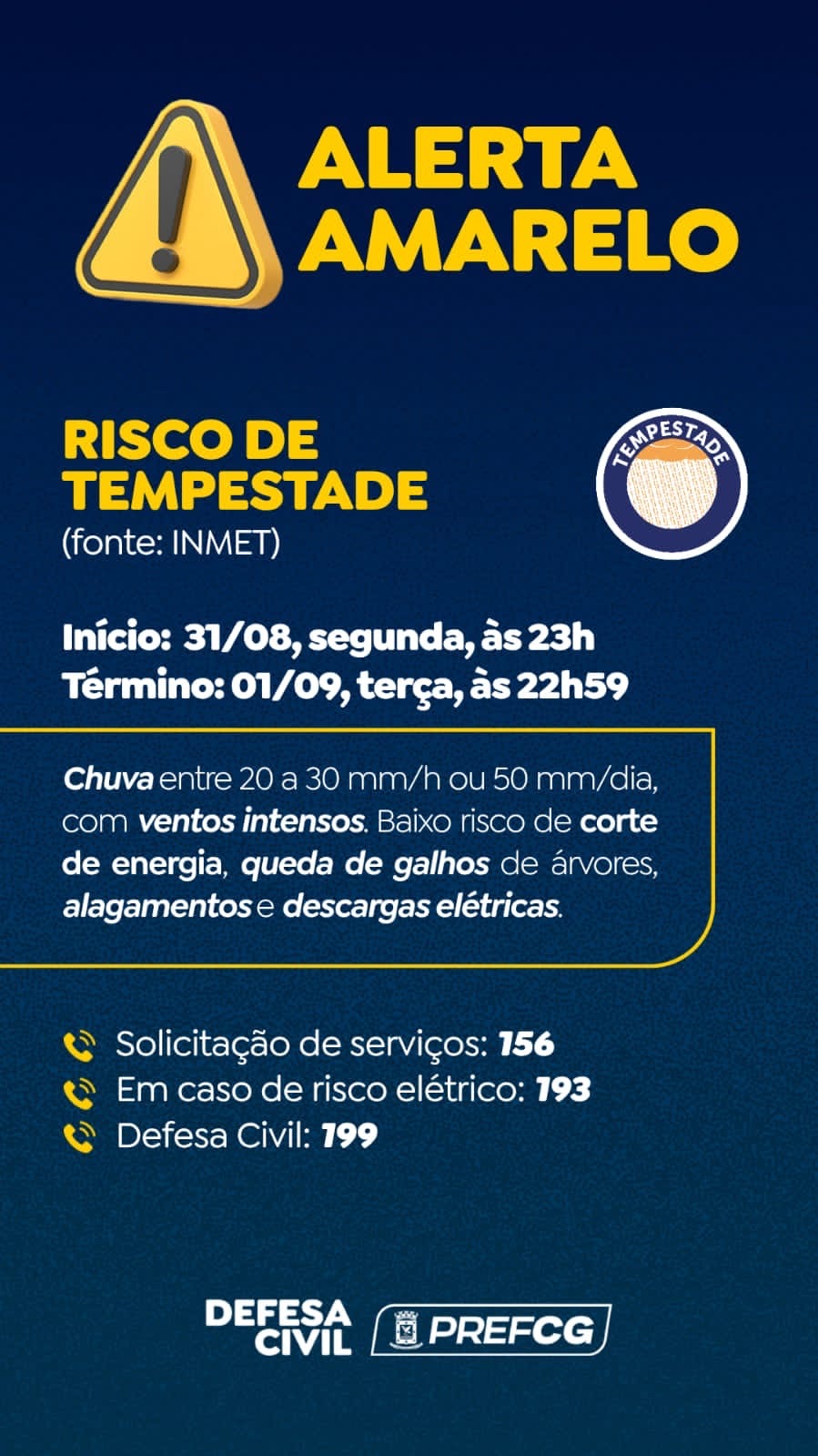 Defesa Civil alerta para risco de tempestade em Campo Grande