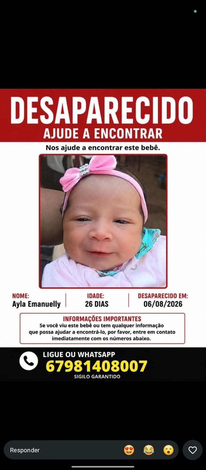 Recém-nascida de 28 dias desaparece após mãe ser dopada em Campo Grande