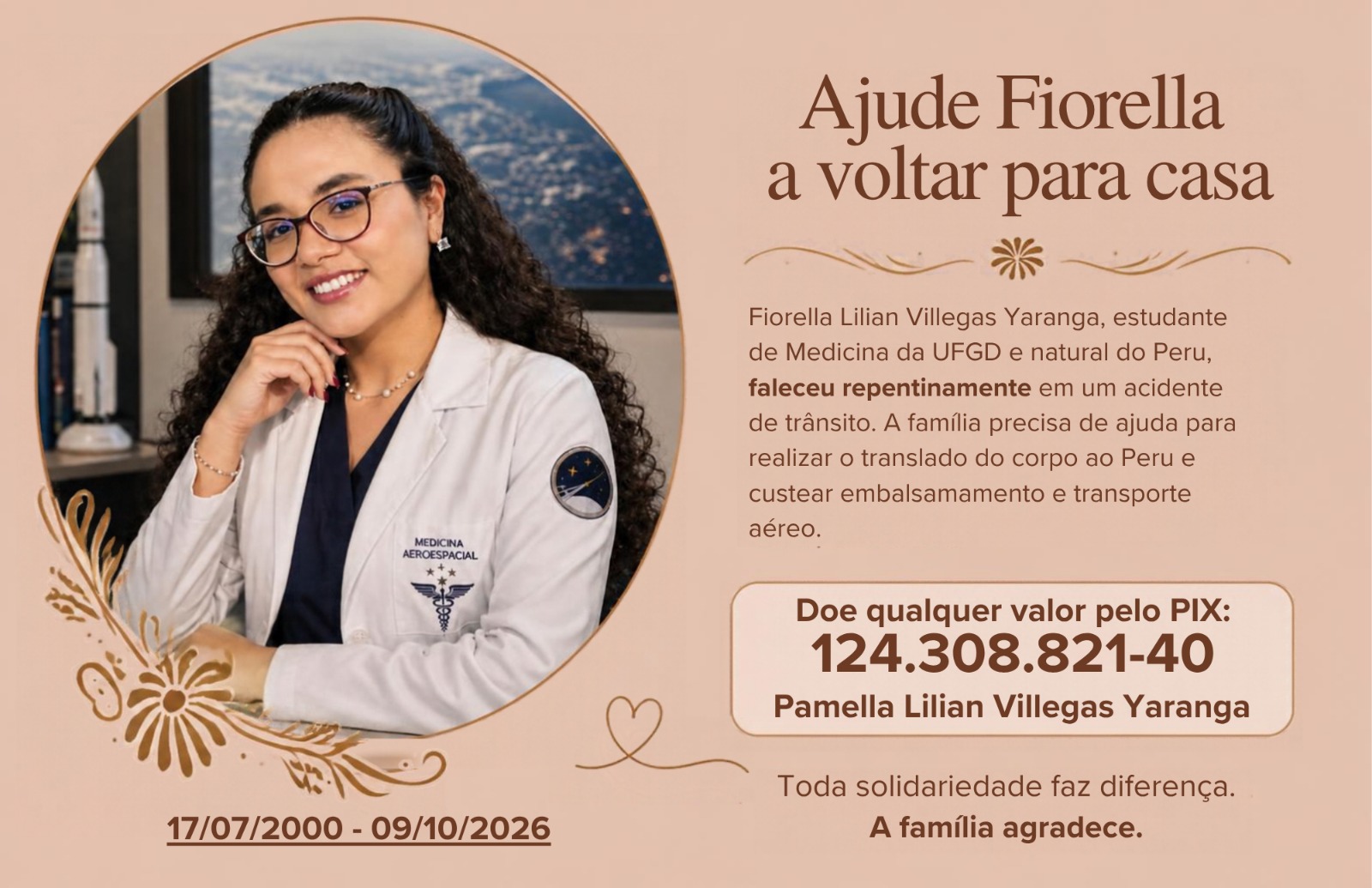 Acadêmica morre em acidente em Dourados; família pede ajuda para levar corpo ao Peru
